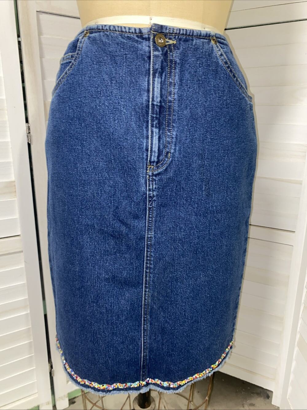 Vintage 90s Liz Claiborne LizWear Denim Jean Blue Skirt Beaded Hem Size 6